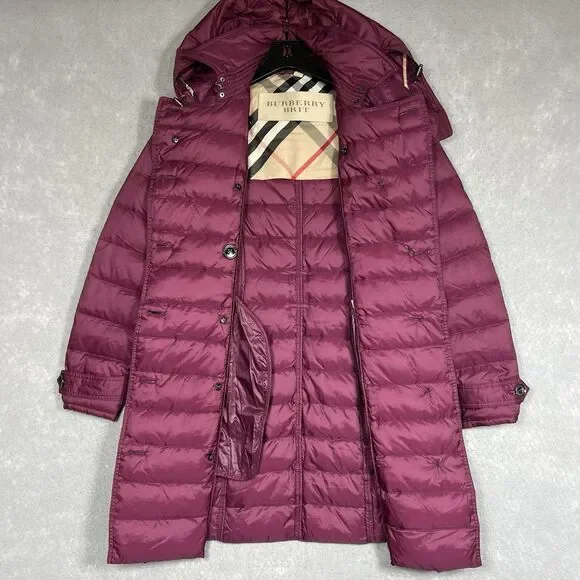 Burberry BRIT Double Breasted Parka Coat Puffer Down Hooded Belt Nova Check XS - Picture 2 of 15